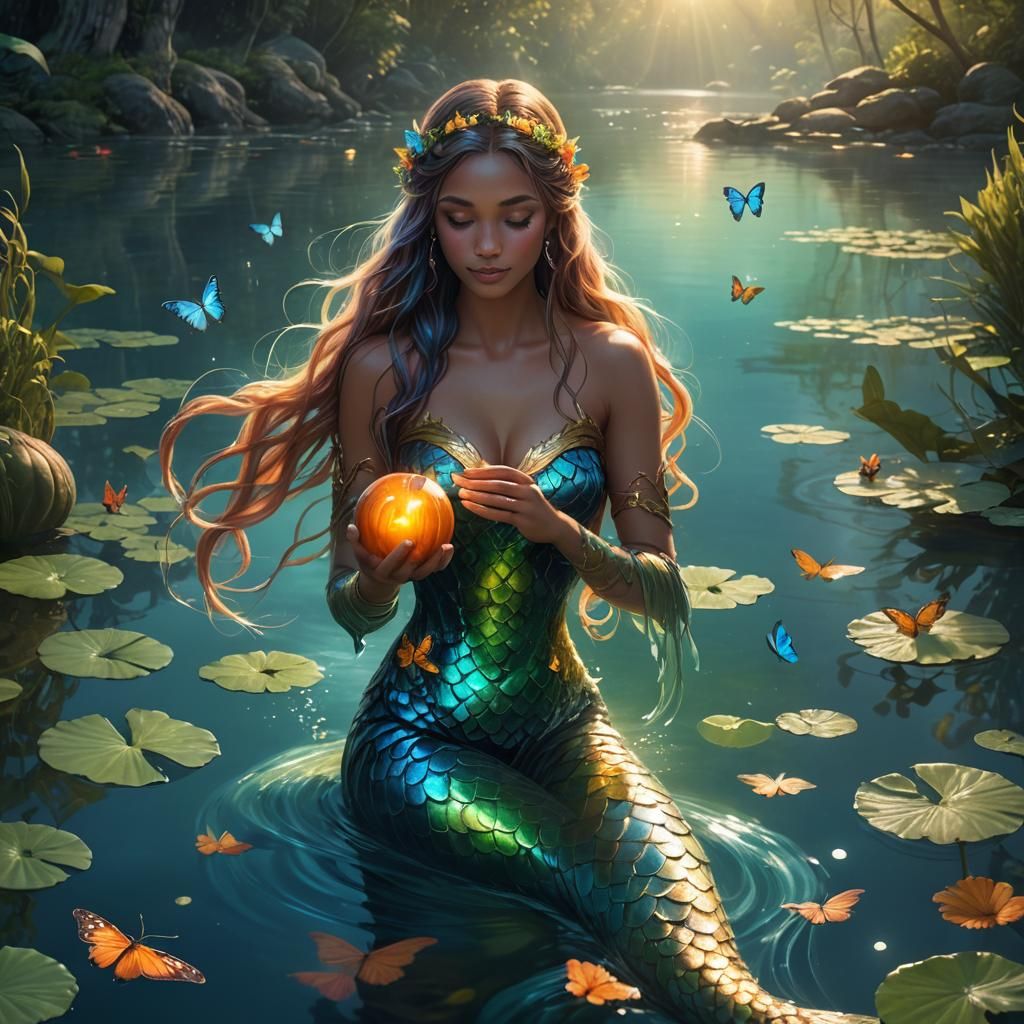 Mermaid with Gourd in Serene Lake: Fantasy Art
