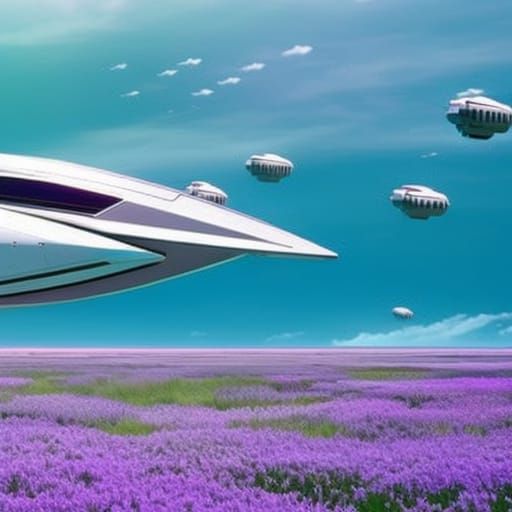 Futuristic Spaceship Over Grassy Field in Anime Style