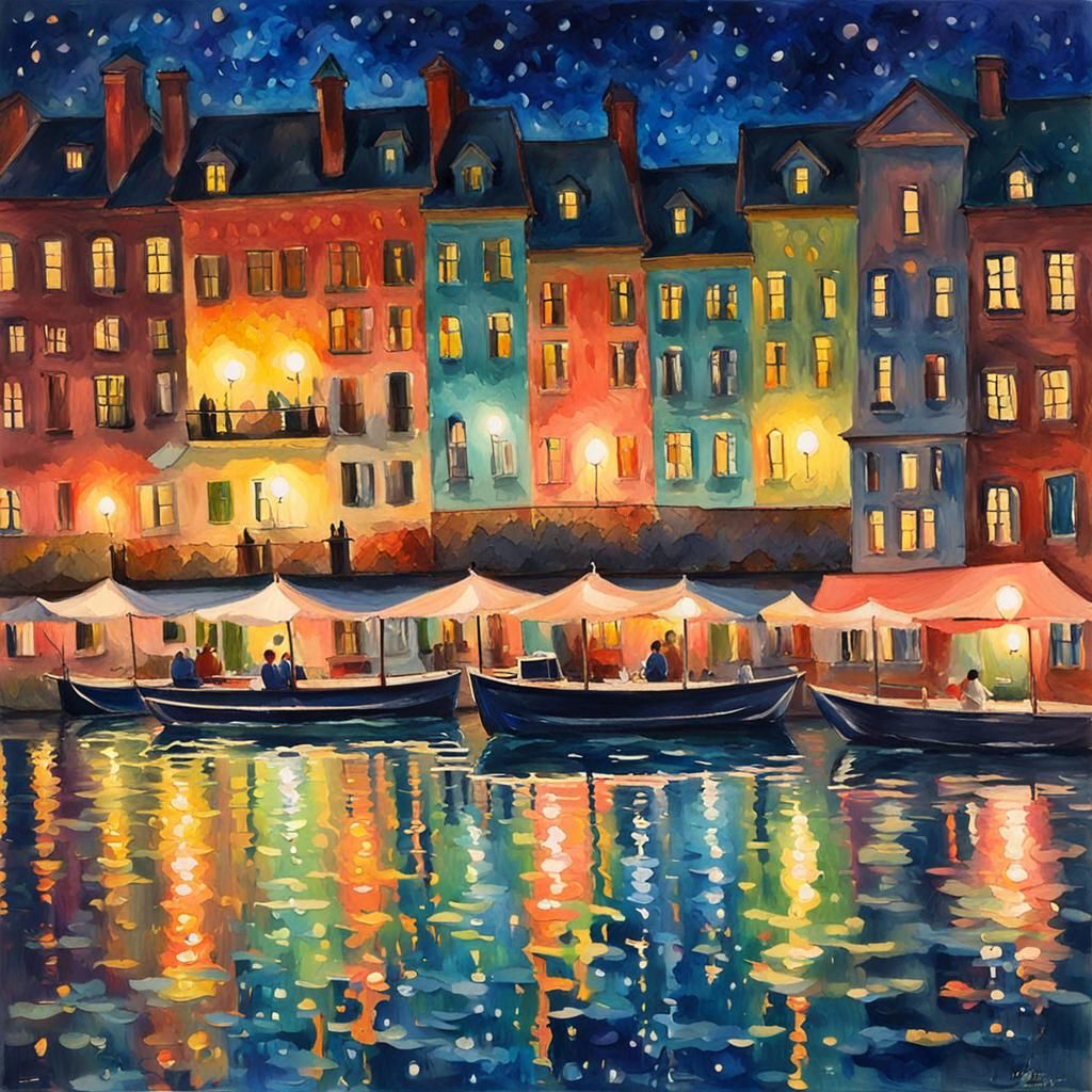 Glittering Water Reflections in Naive Gouache Style