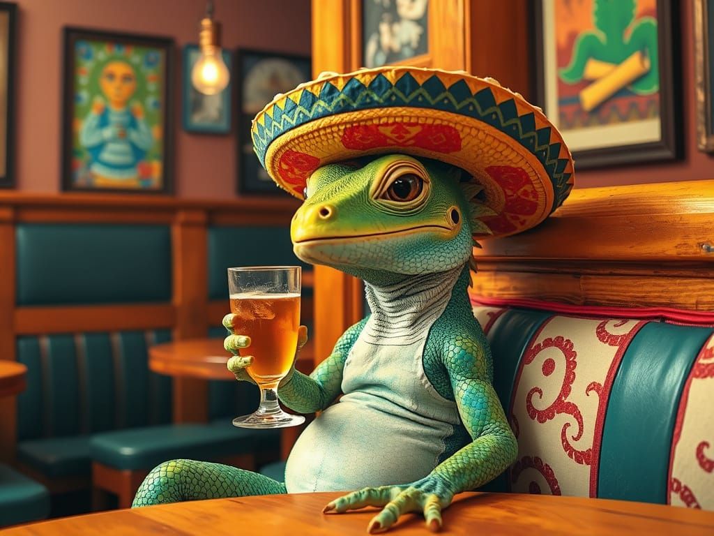 Iguana Enjoying a Drink in Mexican Restaurant