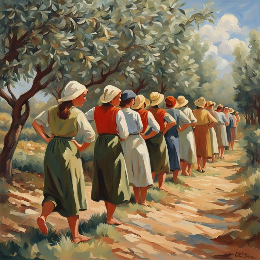 Women Working in Olive Grove: Social Realism Art