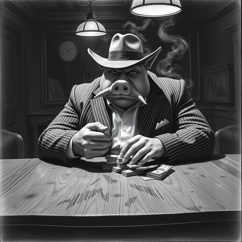 Gritty Film Noir Portrait of a Pig-Man Gangster Boss