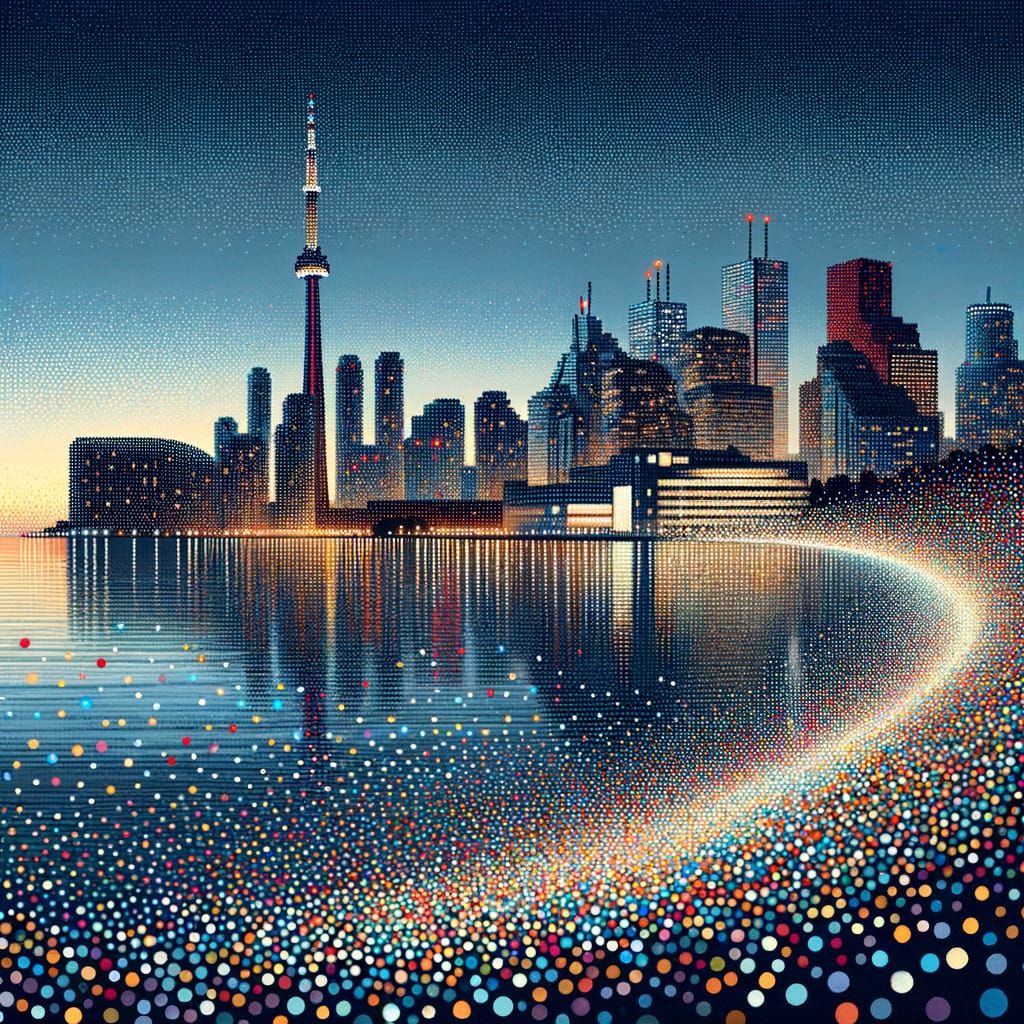 Toronto Cityscape at Dusk in Vibrant Pointillism