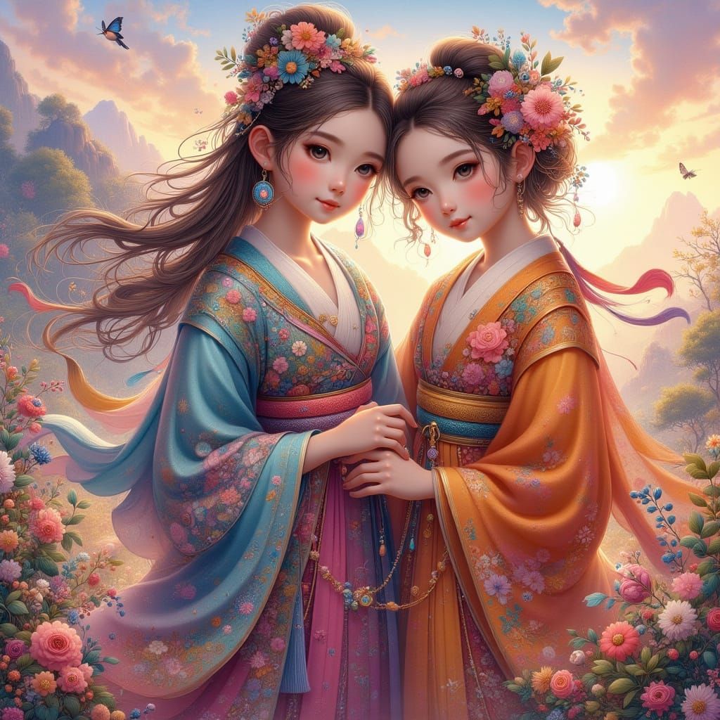 Korean Dragon & Tiger Princesses in Digital Painting Style