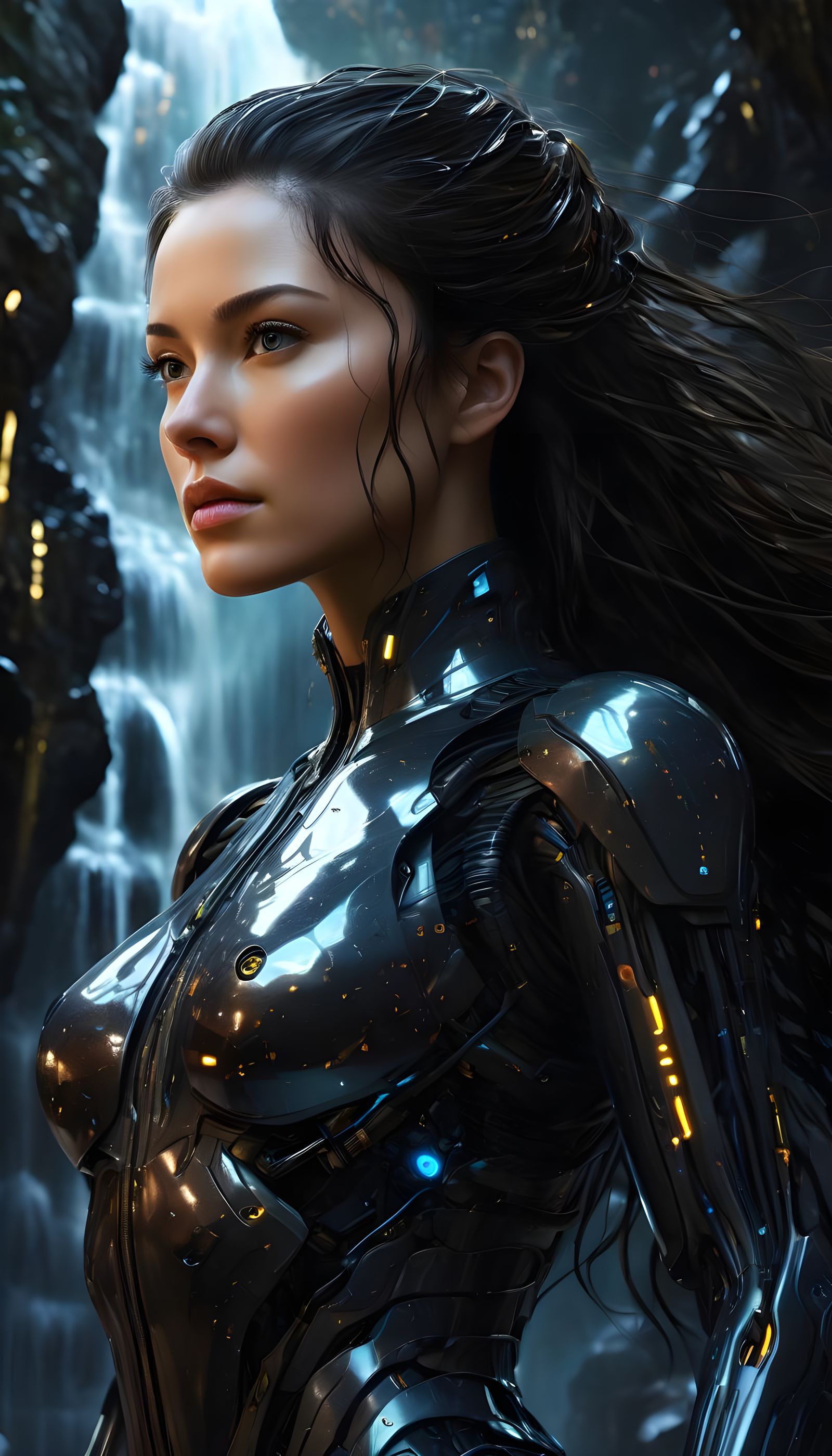 Cybernetic Woman with Neural Circuitry Viewed from Low Angle