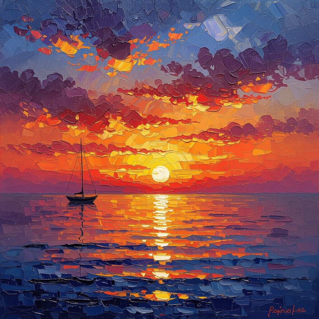 Vibrant Sunset Over the Sea in Neo-Impressionist Style