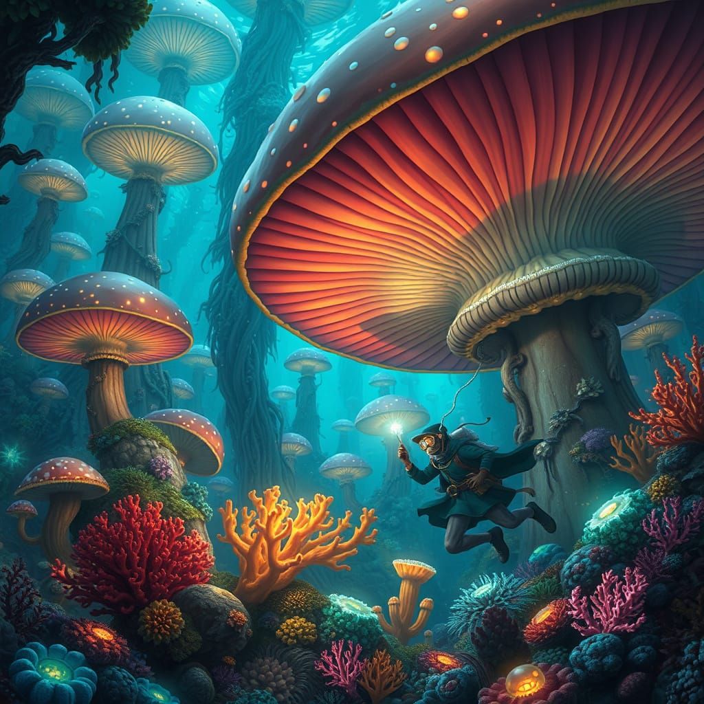 Underwater Wizard in Bioluminescent Mushroom Forest