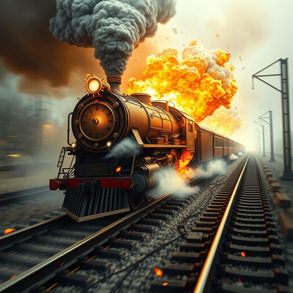 Majestic Clockpunk Train Speeds Down Tracks in Fiery Whirlwi...