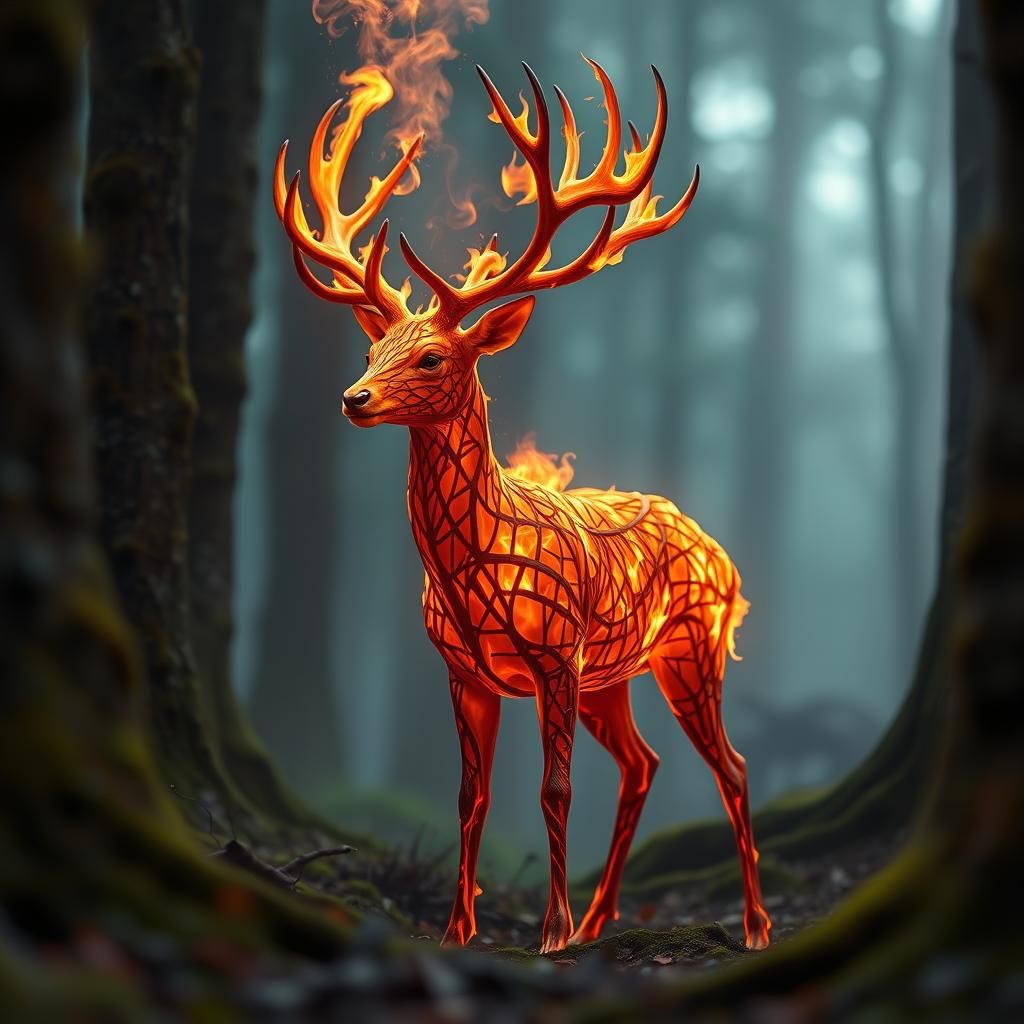 Majestic Fire Deer in Misty Forest