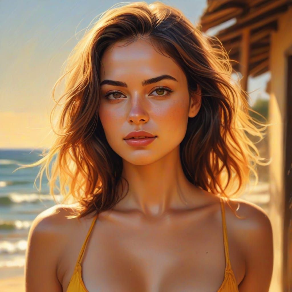 Vibrant Oil Painting of a Tanned Woman in Golden Light