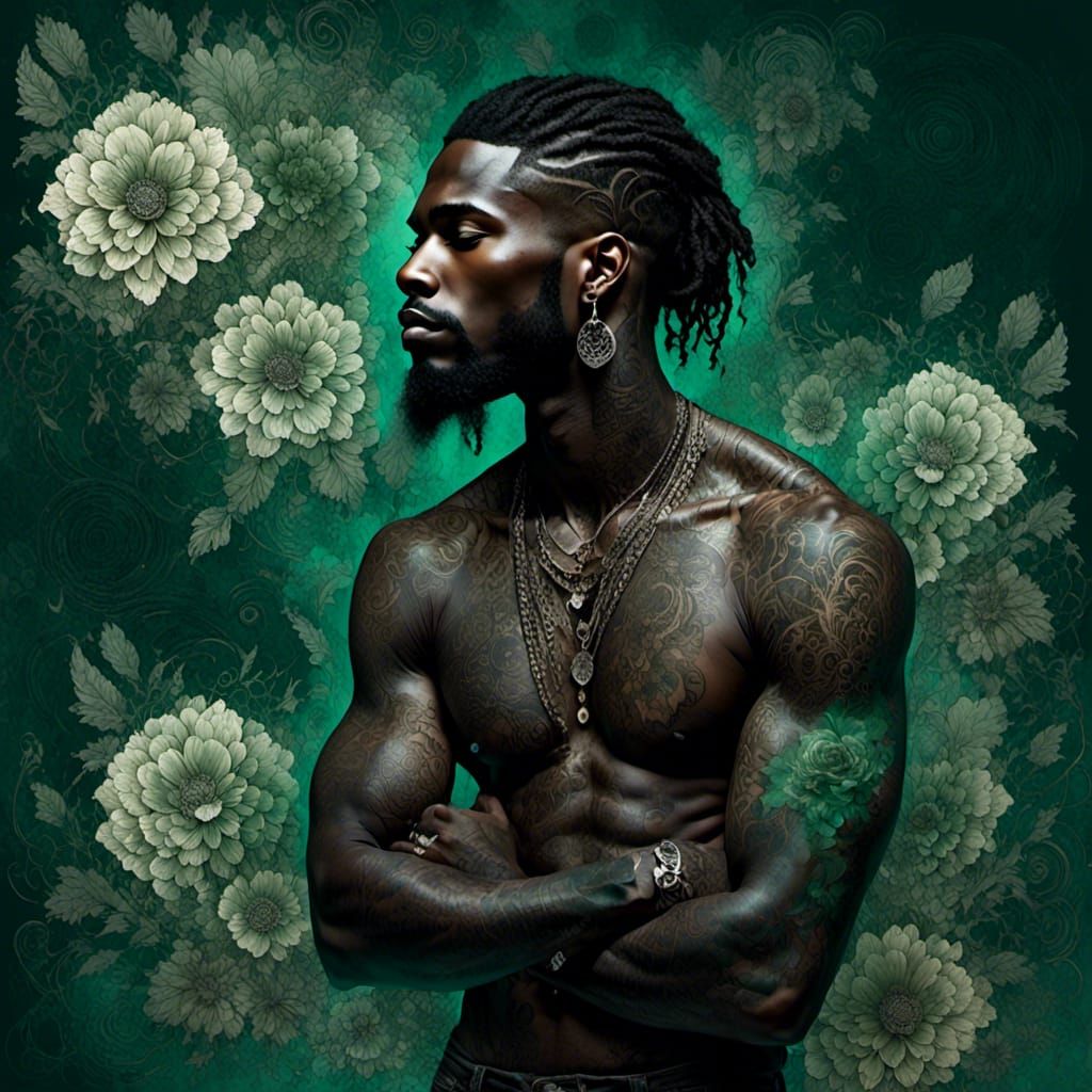 Floral Portrait of Dark Skinned Man with Tattoos