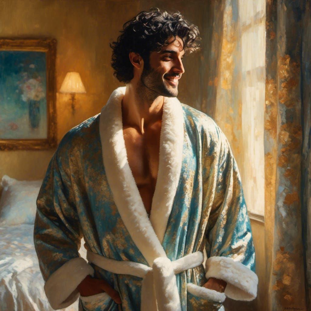 Smiling Man in Sunlit Bedroom: Impressionist Portrait