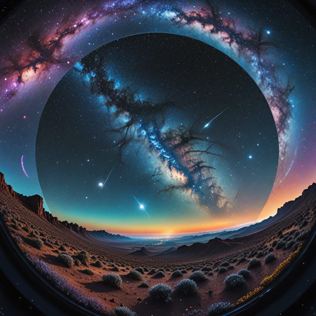 First-person perspective looking through a telescope lens, w...