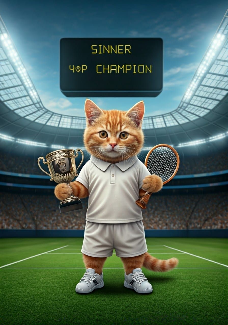 Orange Kitten Tennis Champion in Stadium, Photorealistic