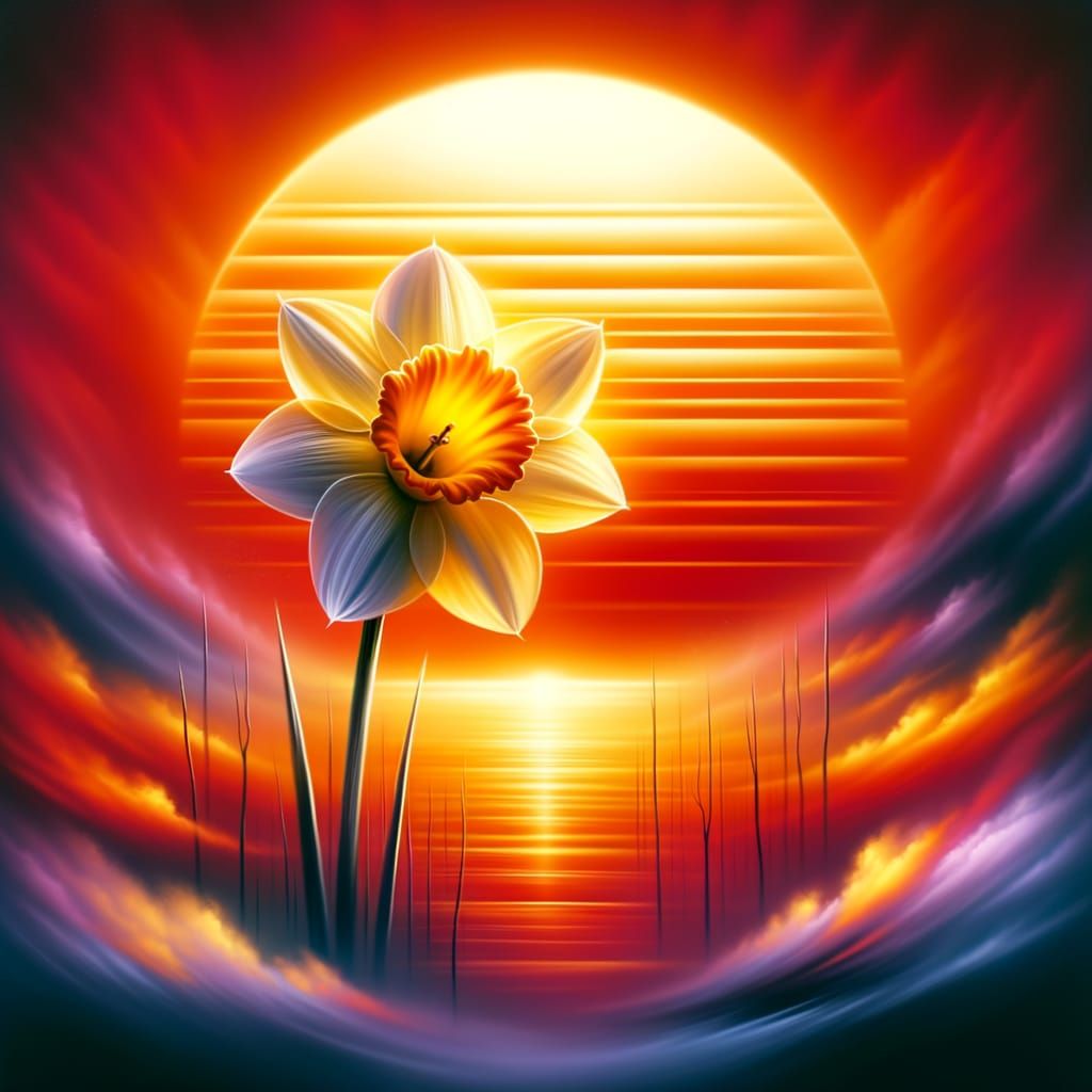 Surreal Airbrush Painting of a Daffodil at Sunset