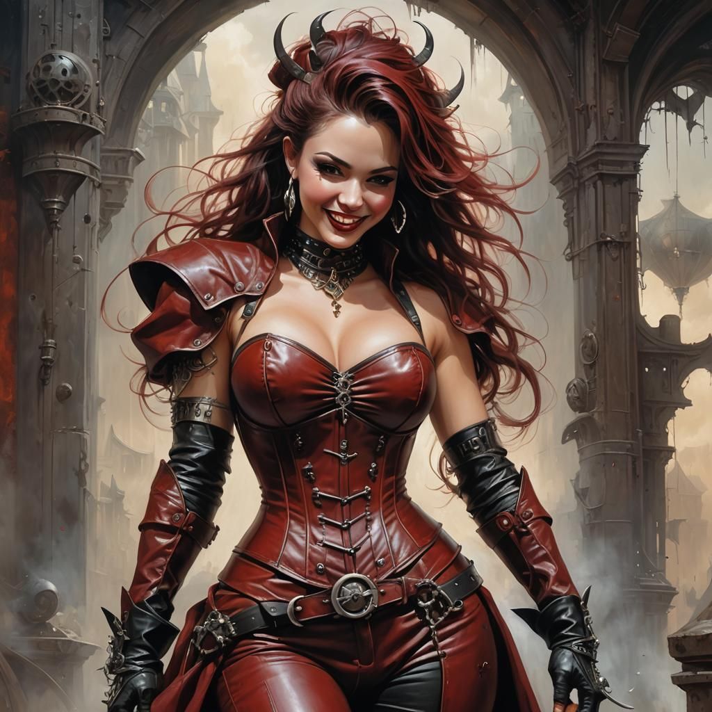 Curvaceous Woman in Red Leather Outfit