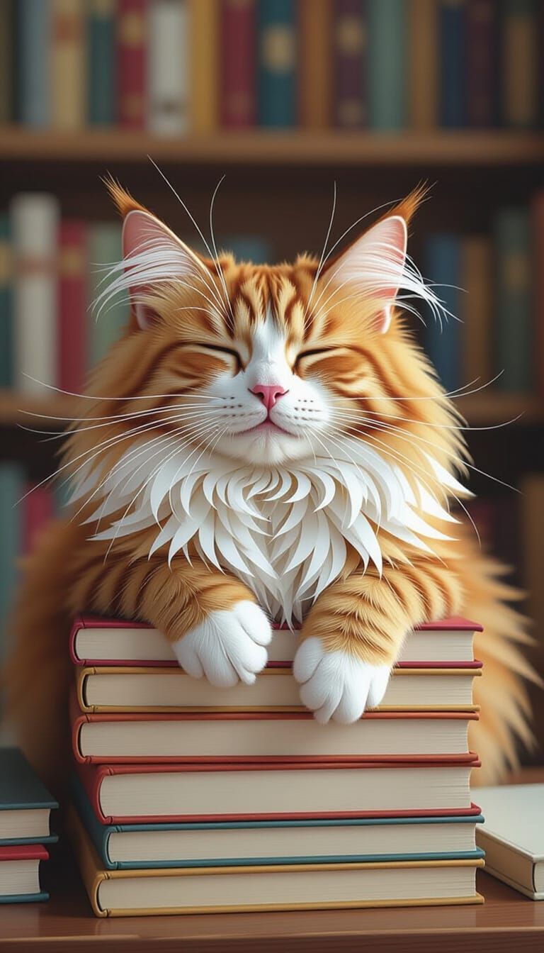 Paper Strip Cat on Books, Dynamic Lighting, Detailed Art
