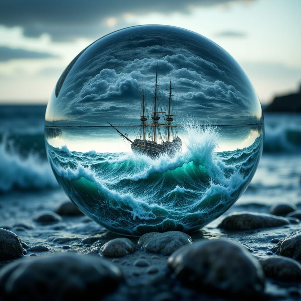 Stormy Seascape Reflected in Glass Ball, Professional Photog...