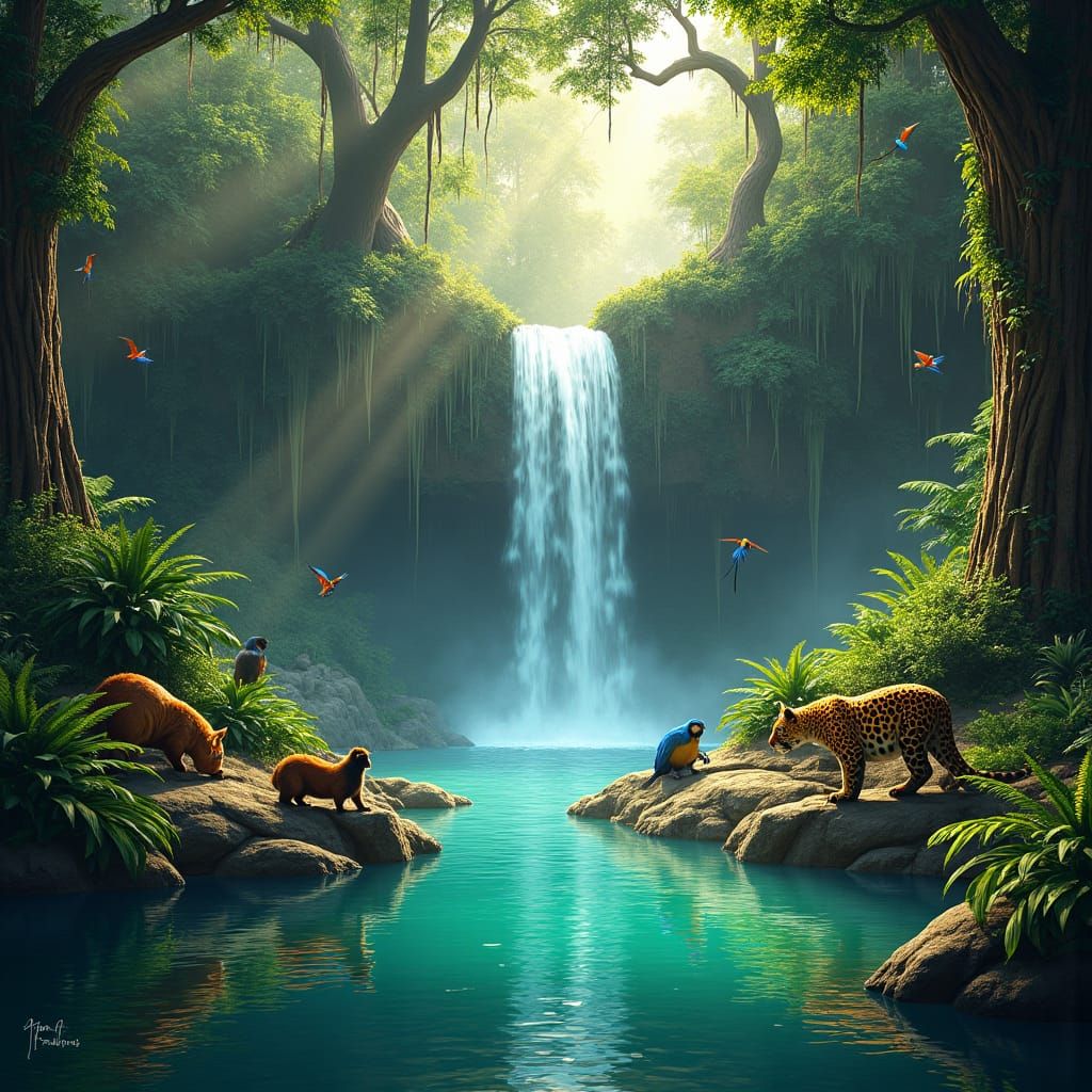 Tranquil Amazon Oasis with Waterfall and Wildlife