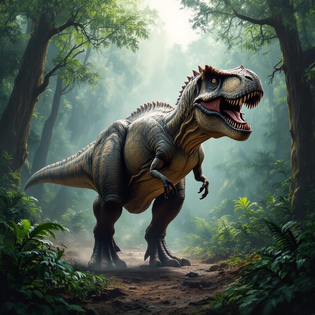T-Rex Walks Through Lush Forest in Fine Rain