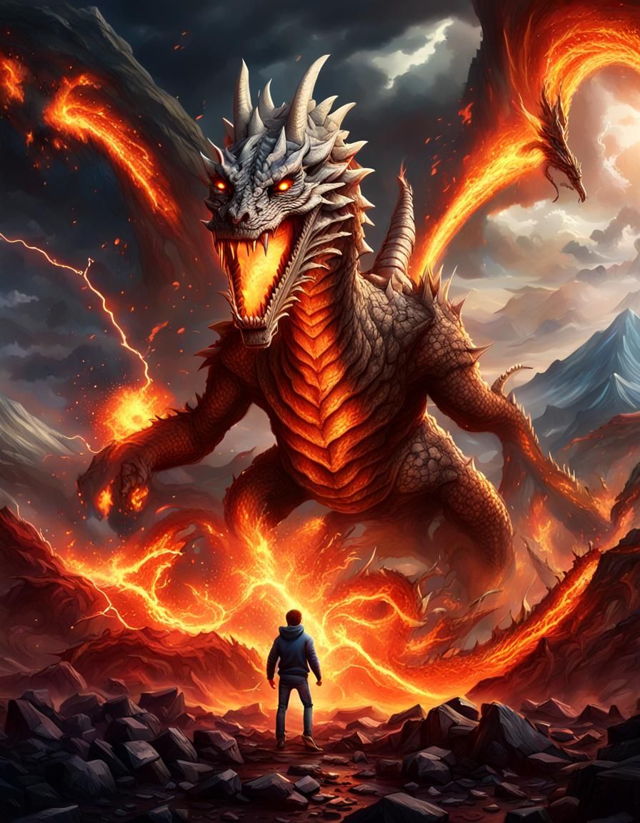 Man Battles Dragon Amidst Volcanic Eruption