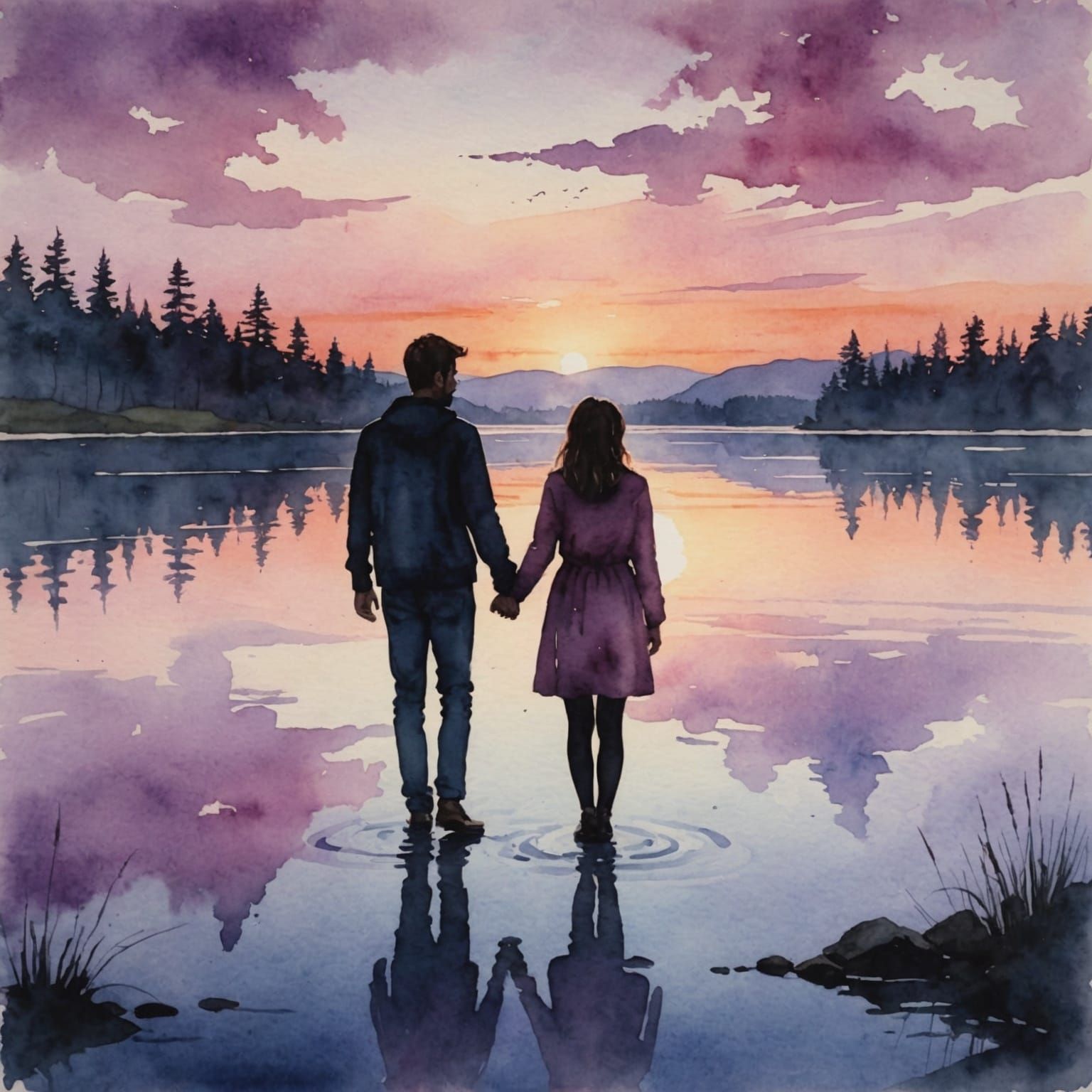 Watercolor Couple at Sunset Lake