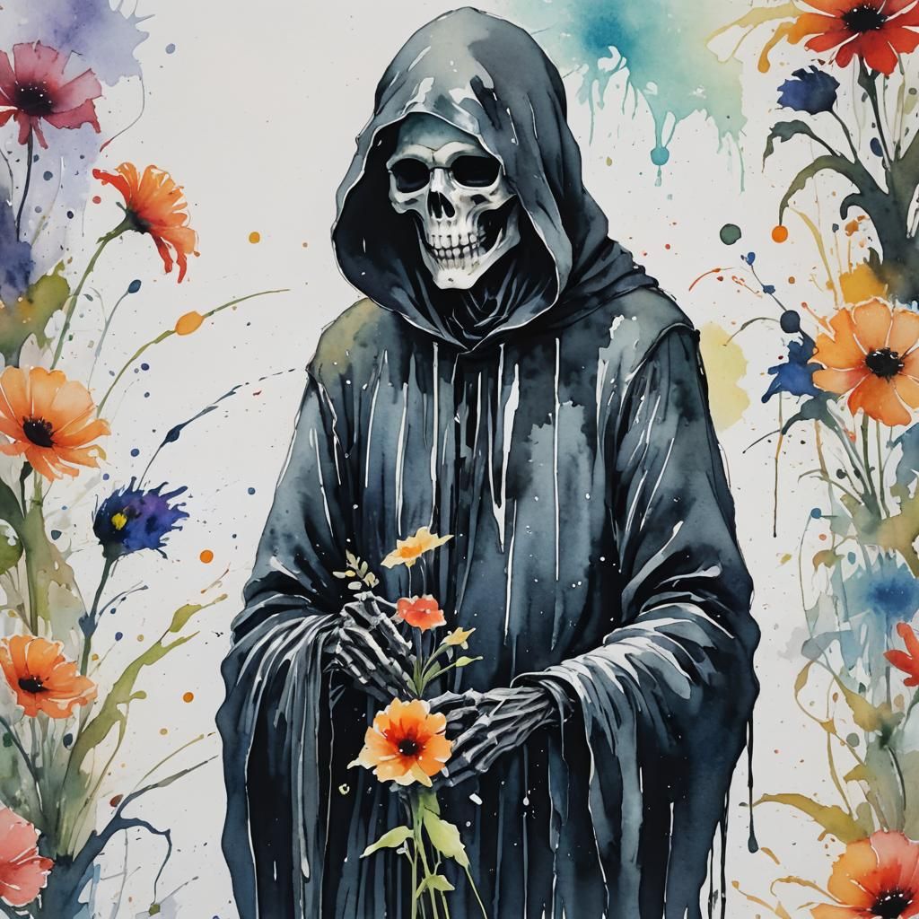 Grim Reaper's Delicate Gift: A Watercolor Painting