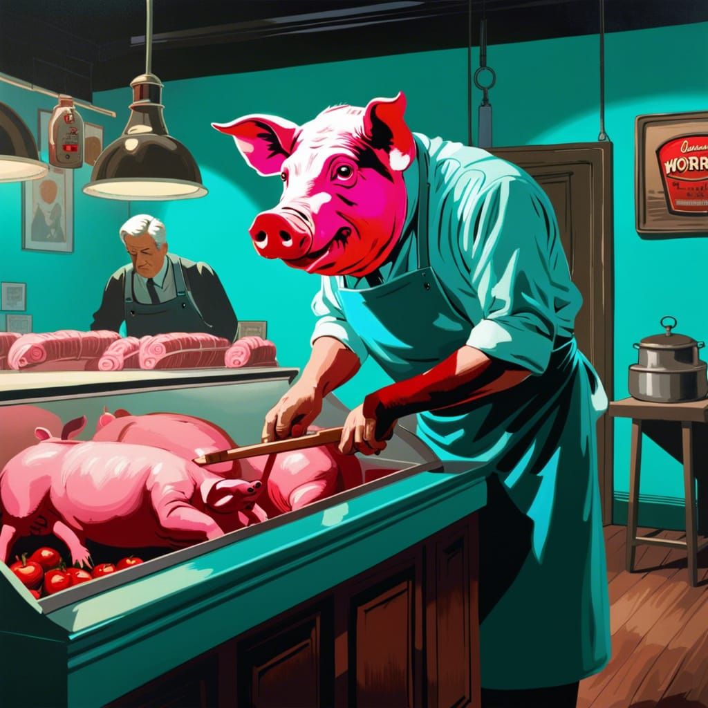 Butcher Pig in Pop Art Style with Human Hand
