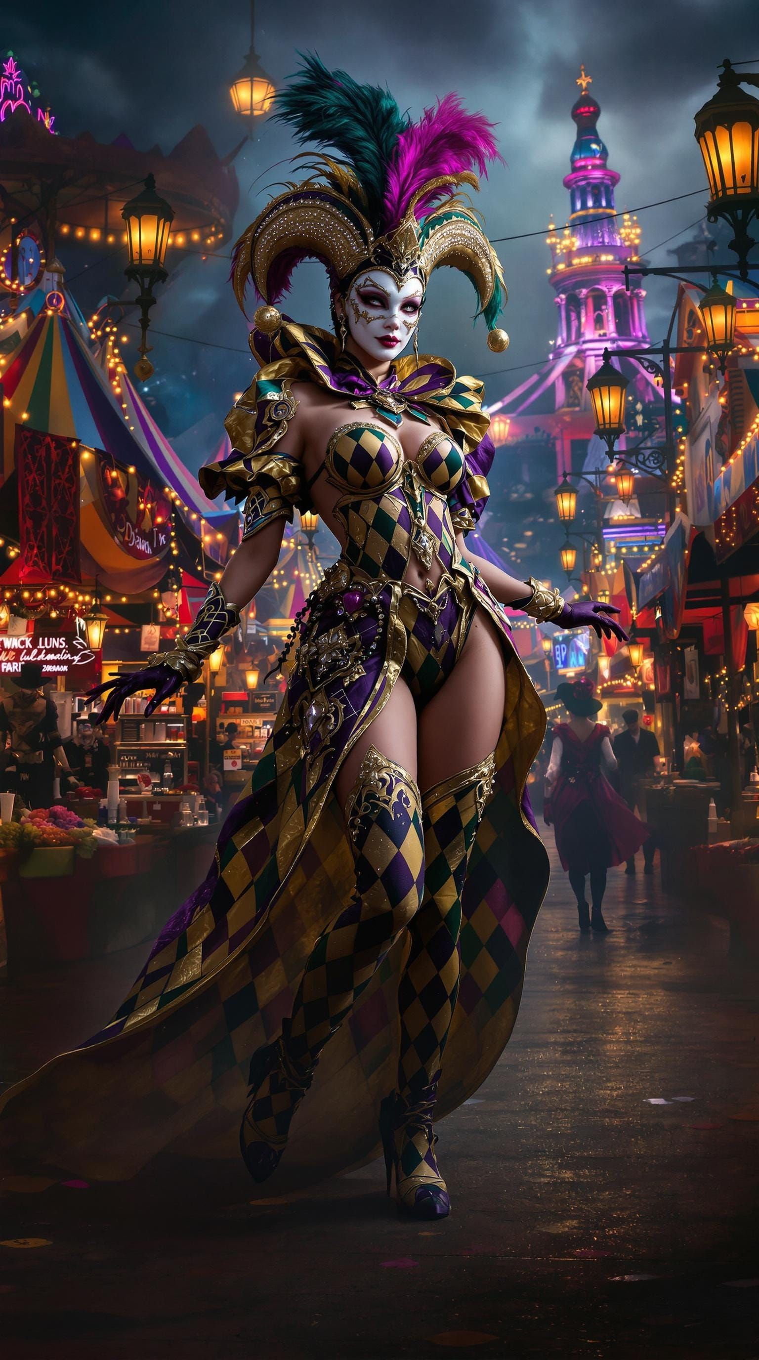 Vibrant Harlequin Goddess in Mardi Gras Circus Scene