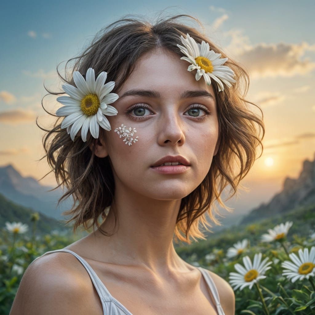 Daisy Flower Woman in Airbrush Art Style
