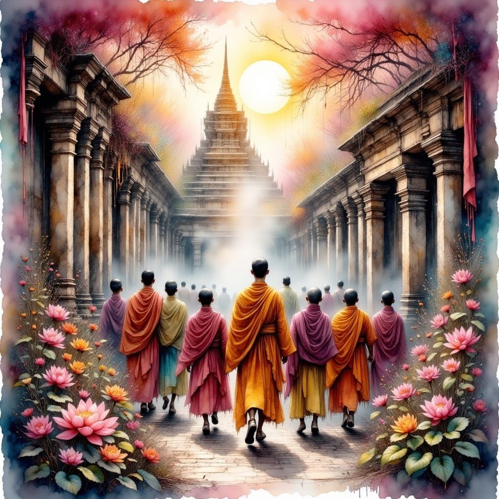 Buddhist Pilgrims in Serene Temple Courtyard