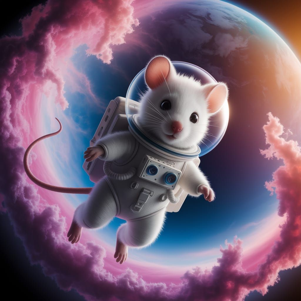 Whimsical White Mouse in Pastel Nebula
