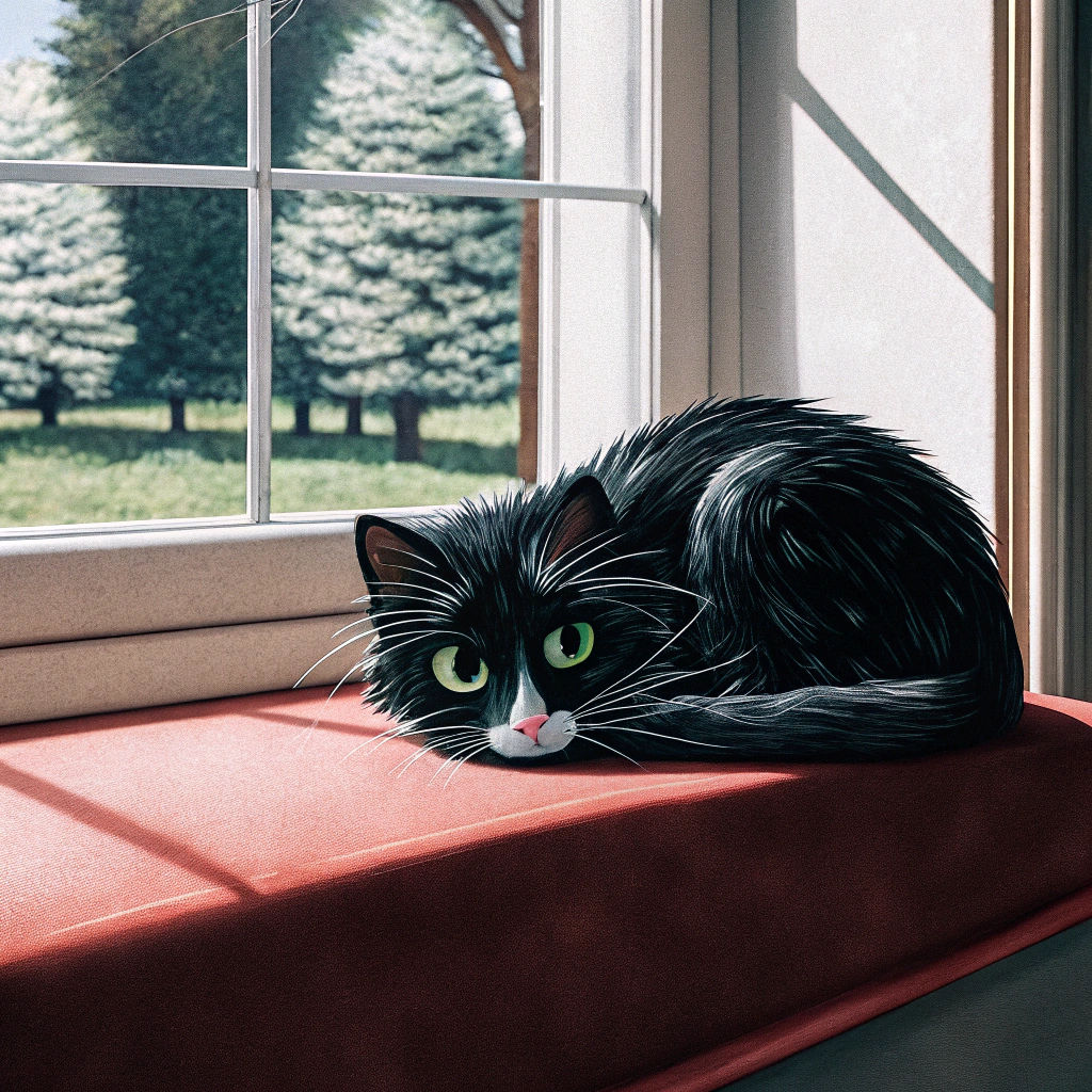 Black Kitten Curled on Cushion in Sunny Window