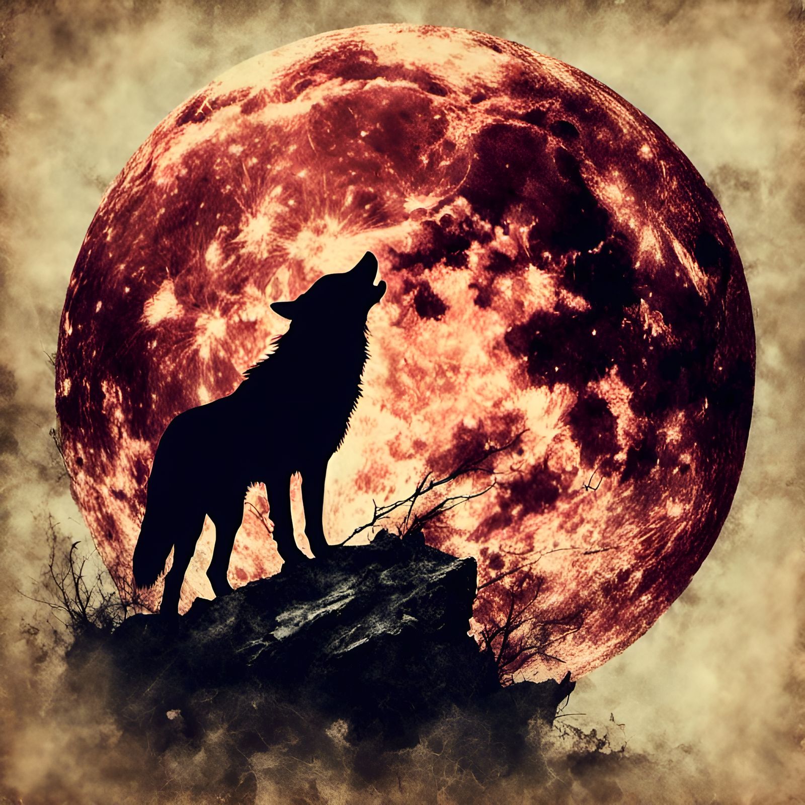 Wolf Silhouette with Glowing Eyes Under Moon