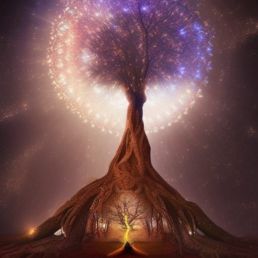 Magical lights illuminating the tree of wisdom with celestial being surrounding the tree Epic cinematic brilliant stunni...
