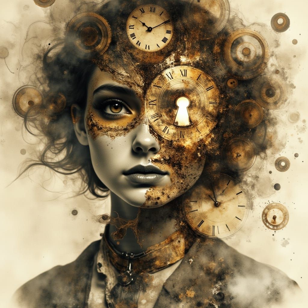 Woman's Face Merged with Cracked Clockwork and Gears