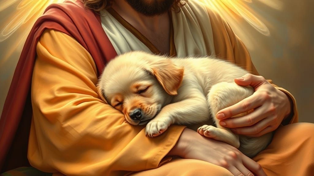 Jesus Cradles Sleeping Puppy in Renaissance Painting