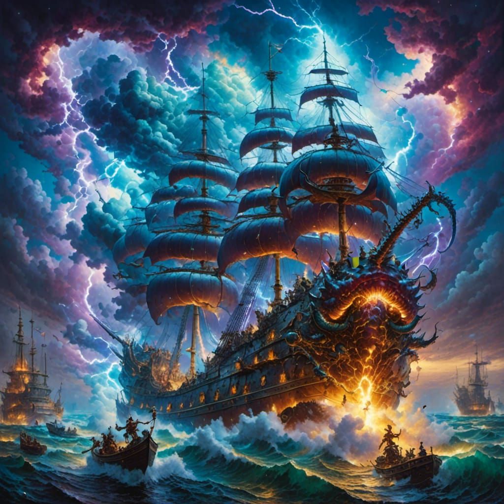 Dragon Attacks Futuristic Galleon in Cosmic Storm