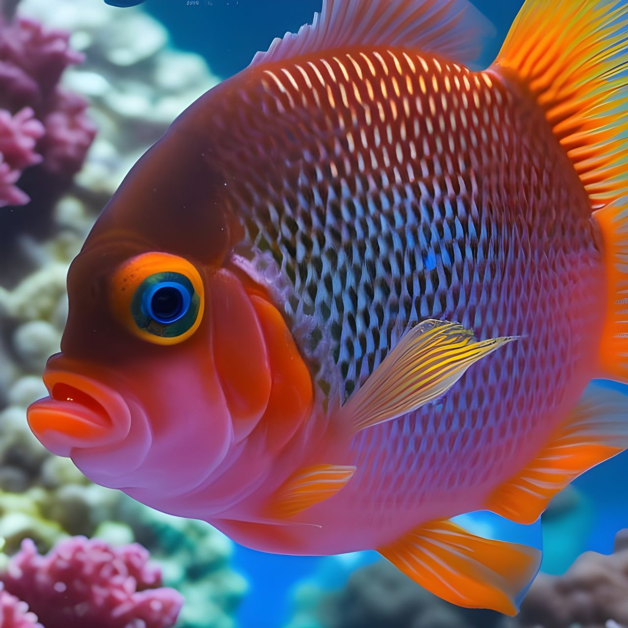 Detailed multicolored beautiful goldfish, side view, embossed, beautiful realistic eye, one eye only, surrounded by the ...