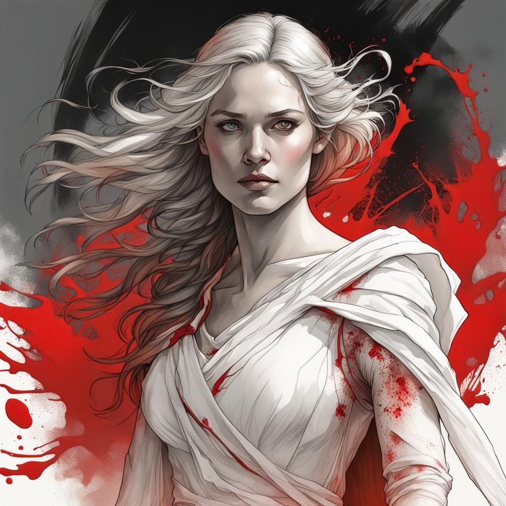 Ink Portrait of Éowyn with Red Accents