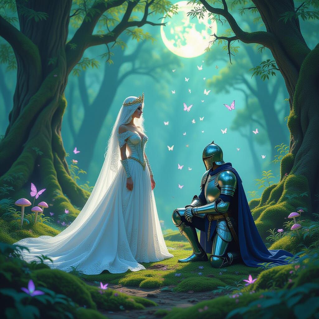 Ethereal Queen and Knight in Magical Mushroom Circle