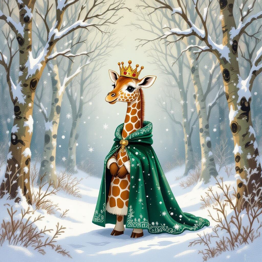 Giraffe in Crown and Cloak in Snowy Forest