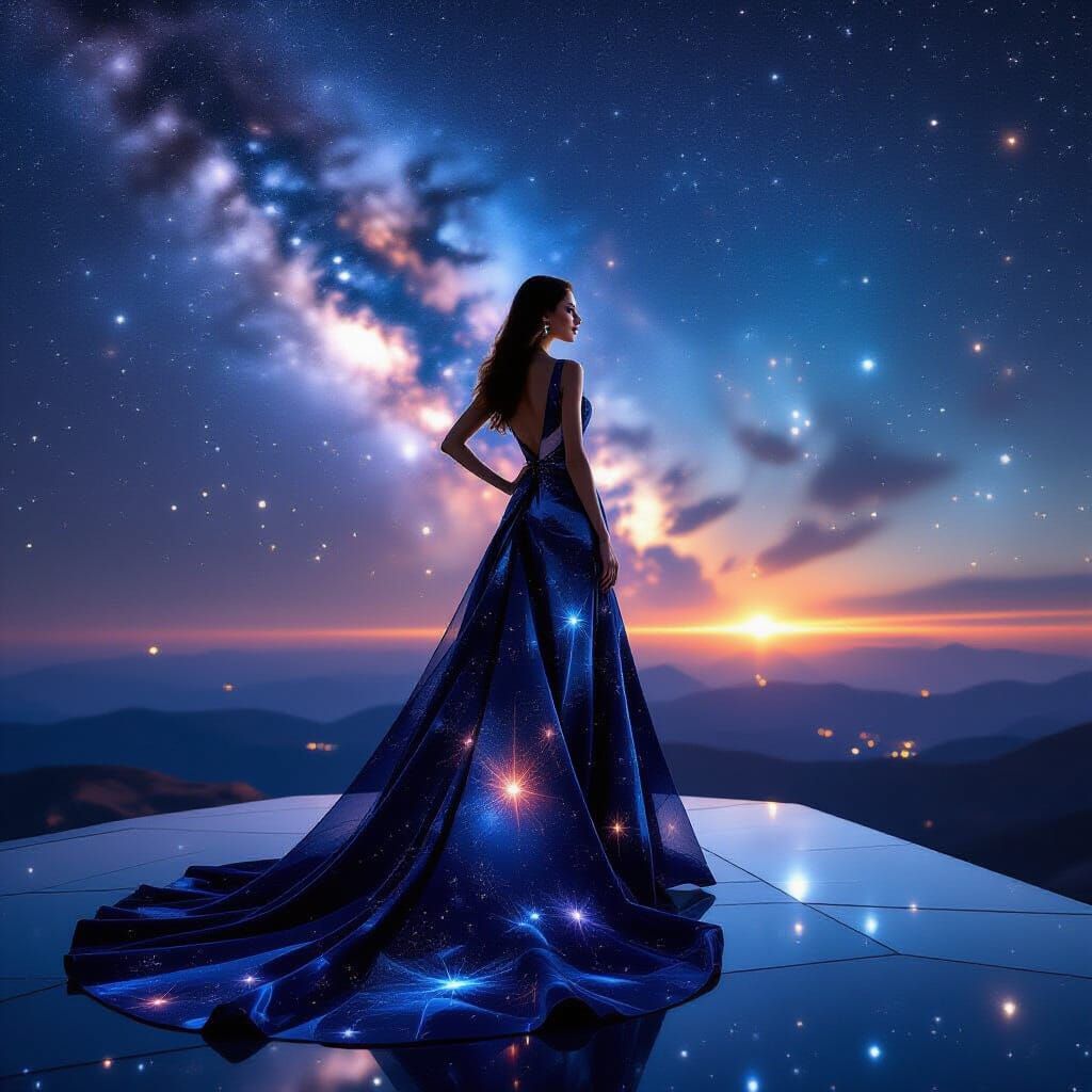 Elegant Woman in Cosmic Gown on Crystalline Platform