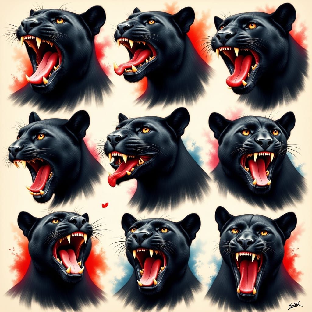 Tattoo sheet of nine different pictures of black panthers wi...