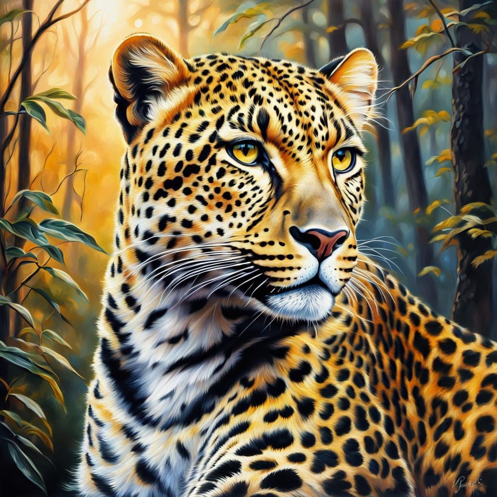 Leopard Portrait in Forest: Wildlife Oil Painting
