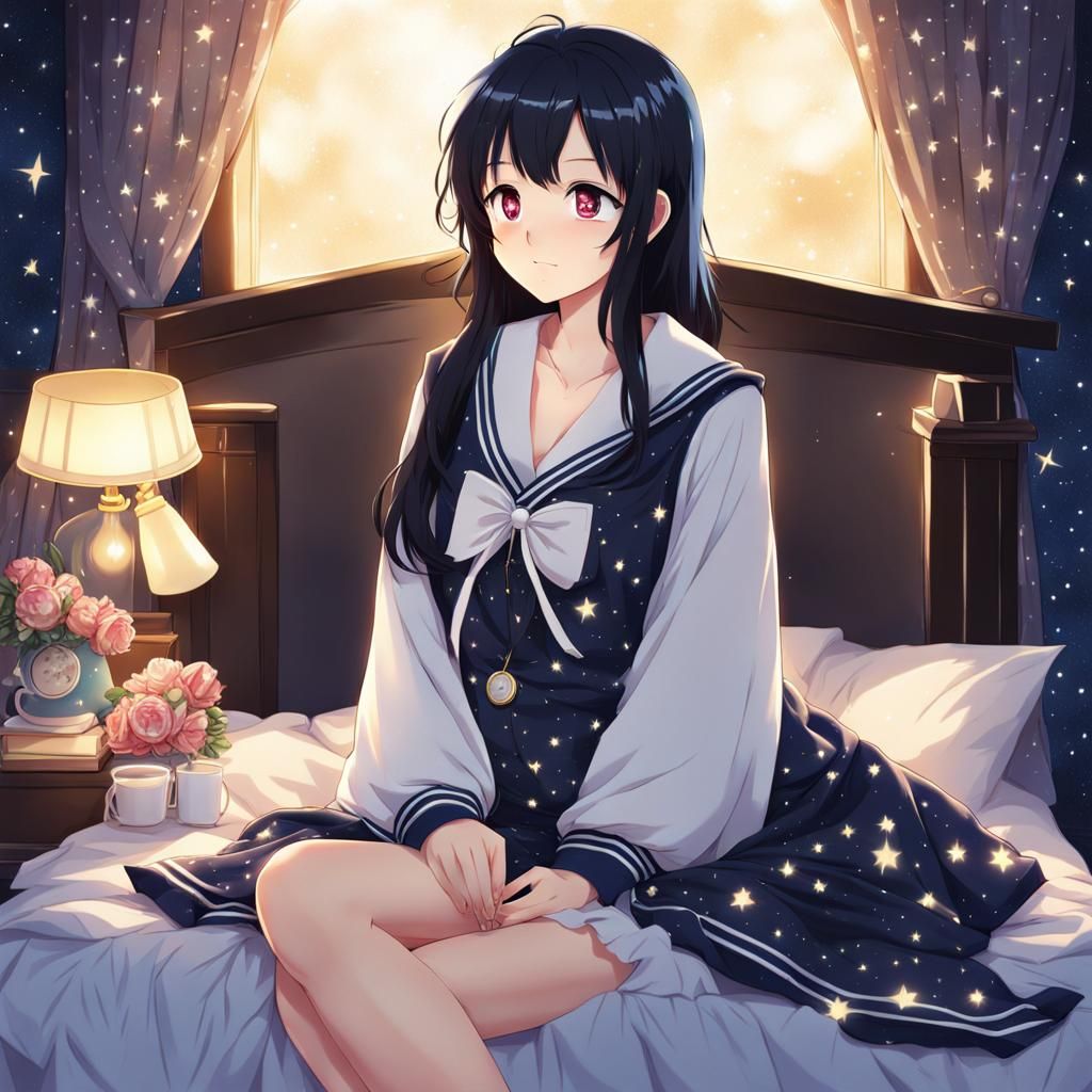 Anime Girl in Starry Night Clothes at Night