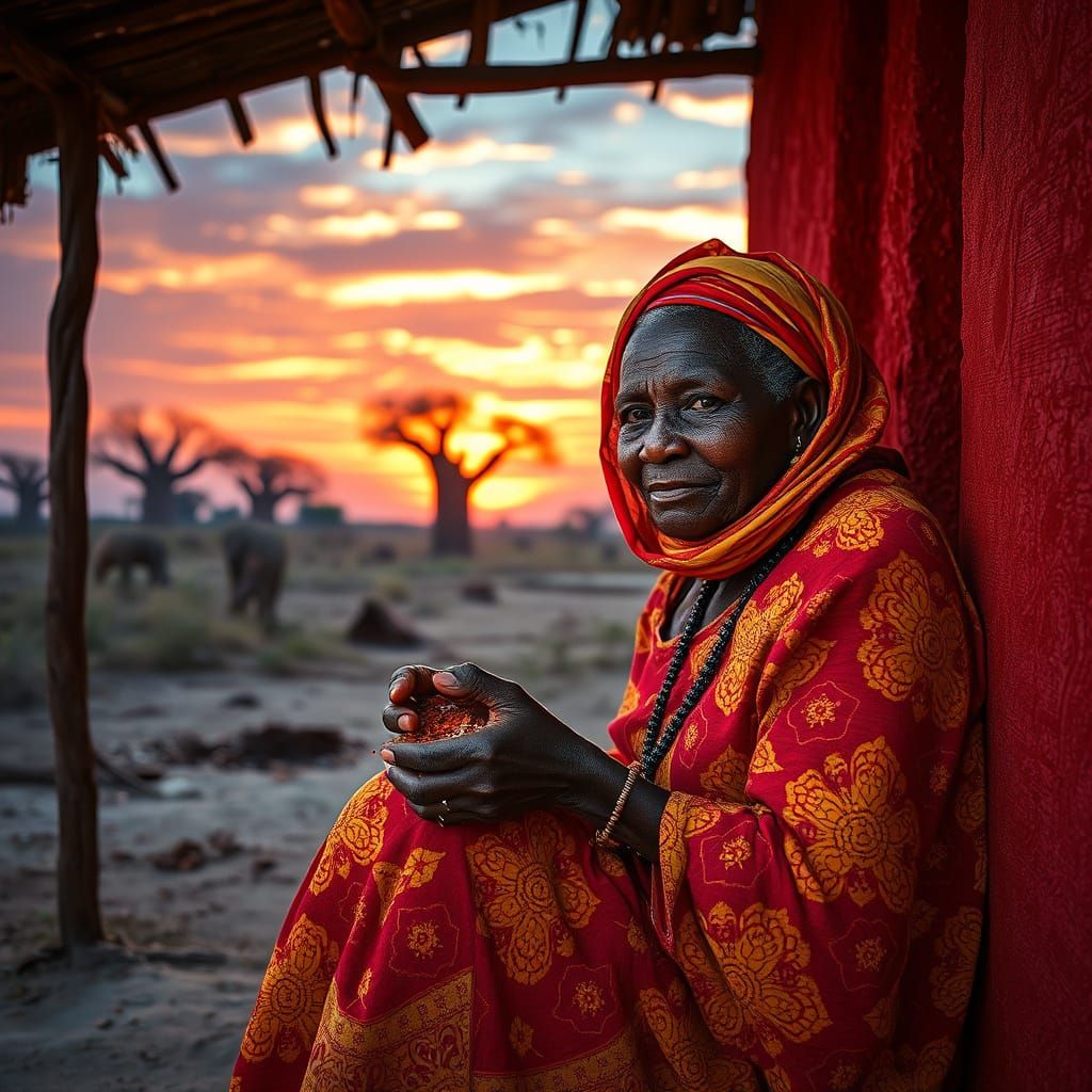 Elderly Woman Pounding Spices at Sunset, Hyperrealistic 8k