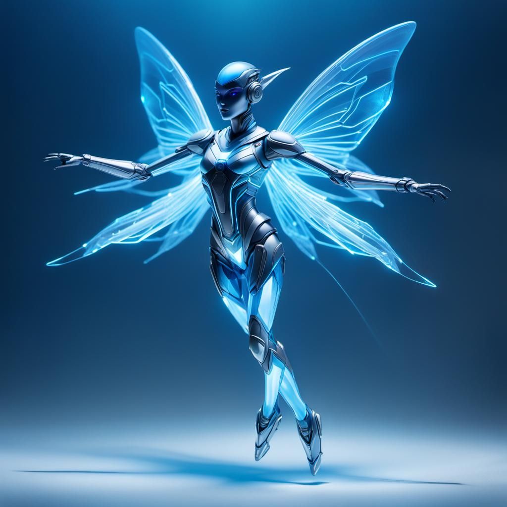 Futuristic Cybernetic Fairy Soaring Through Neon Cityscape