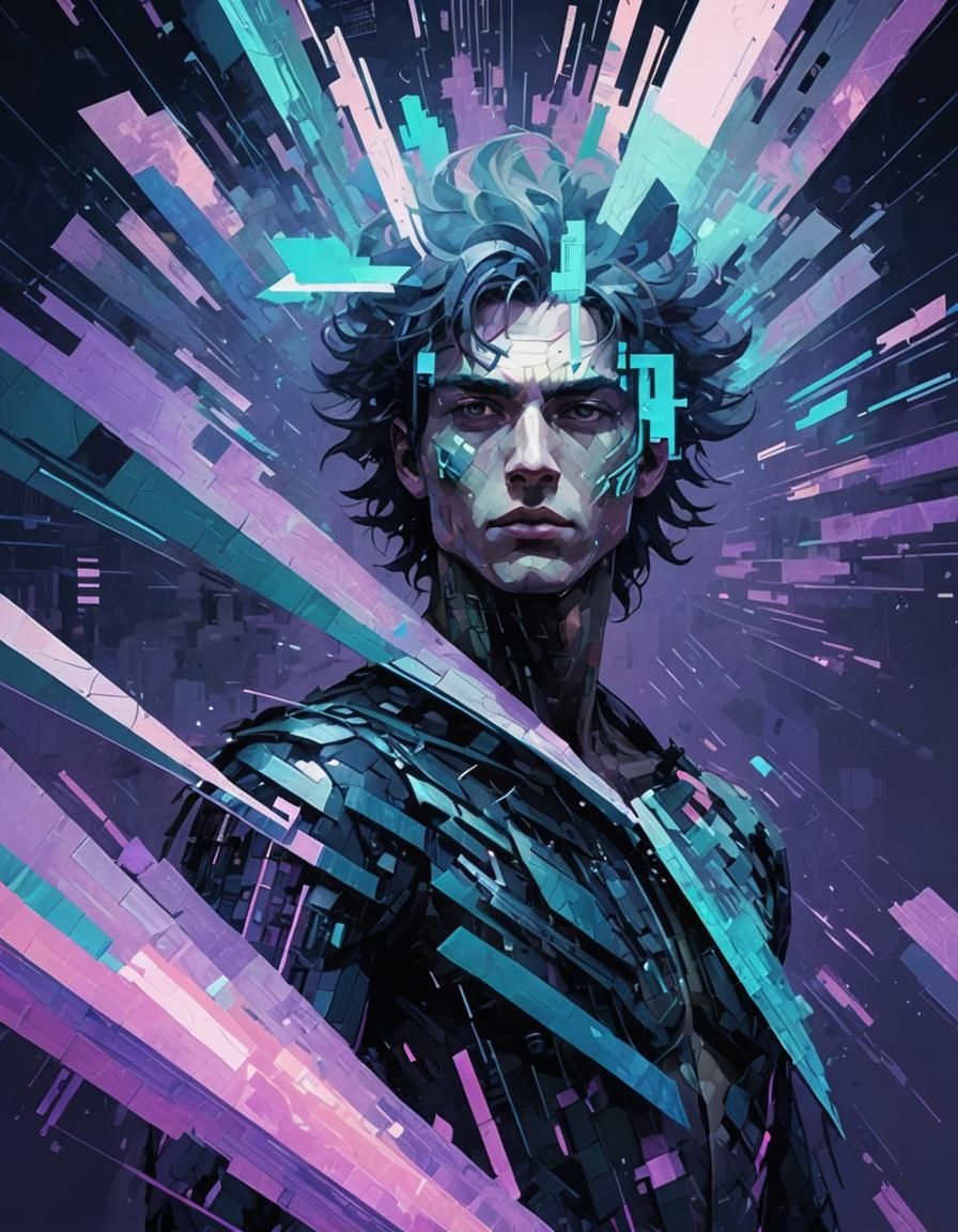 Neofuturistic Man in Cubist Pixelated Cityscape