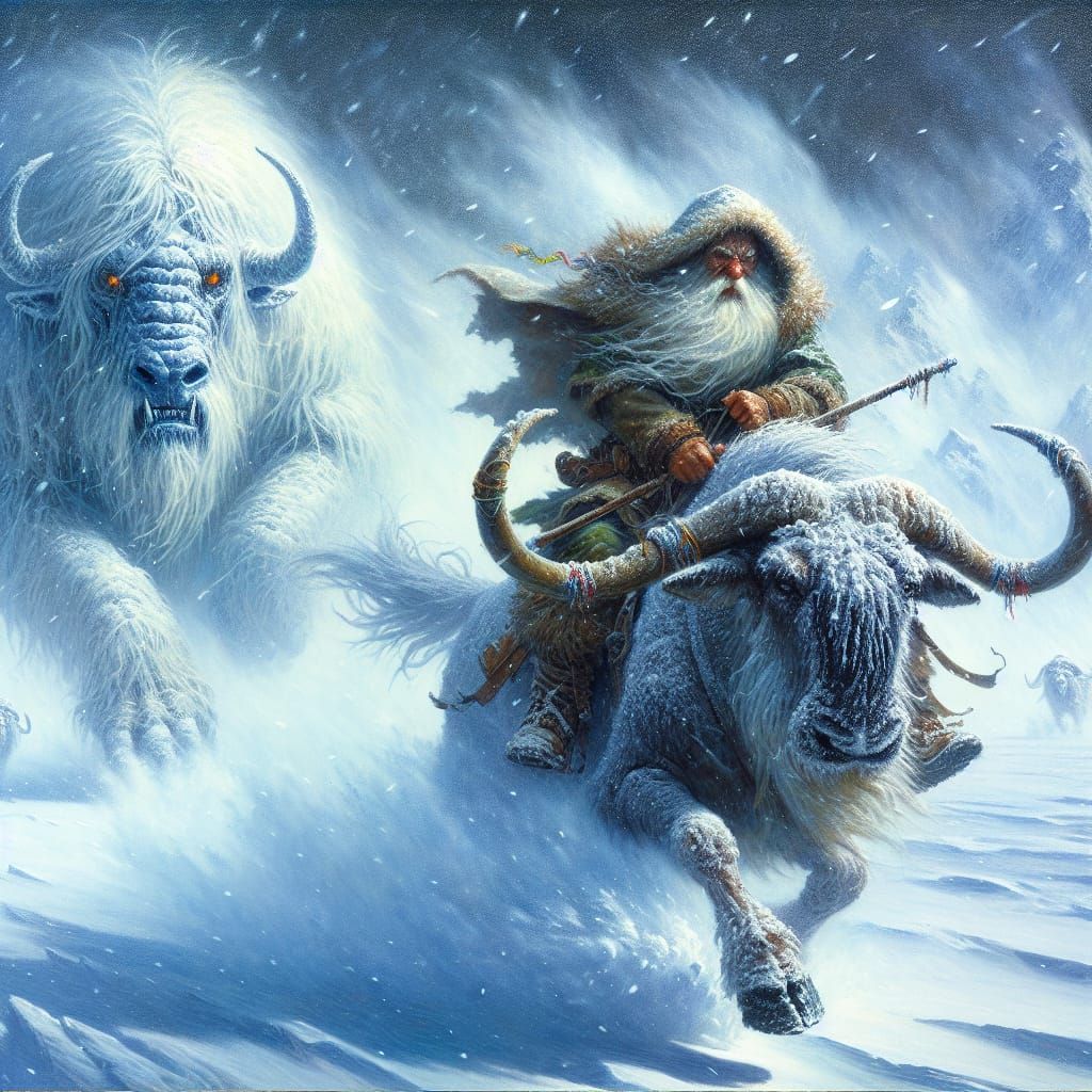 Elf Dwarf Rides Wildebeest Through Snowy Blizzard in Oil Pai...